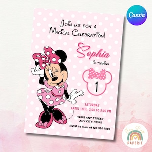 Invito di compleanno modificabile di Minnie Mouse, invito di compleanno per bambine, invito di compleanno rosa con un simpatico topo, invito di compleanno digitale, invito di compleanno con Canva