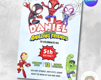 Editable Spidey and his Amazing Friends Birthday Invitation Superhero Birthday Party Invite template for boy and girl Canva Instant Download