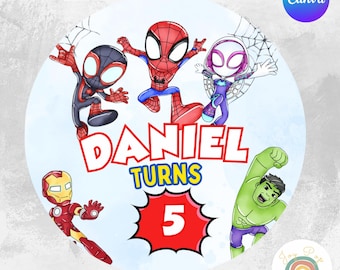 Party Label Spidey and Friends Birthday: Editable Superhero Party Template (Canva Downloadable PDF 3in )
