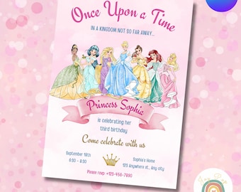 Könnte beinhalten: Rosa Prinzessinnen-Geburtstagseinladung mit dem Text "Once Upon a Time". Enthält Illustrationen mehrerer Prinzessinnen. Die Einladung enthält Details für eine dritte Geburtstagsfeier, einschließlich Datum, Uhrzeit und Ort.