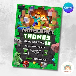 Birthday Invitation Minecraft editable, Minecrafter birthday Invite instant download, Birthday Invitation theme Minecraft, Gamer invitation