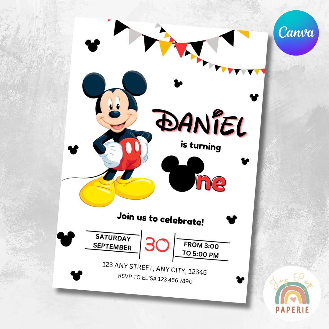 Mickey Mouse Birthday Invitation Template: Editable Canva Evite (5x7 ...