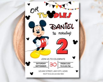 May include: A white invitation card featuring Mickey Mouse. The card reads "Oh Twoodles Daniel is turning 2" with event details. Mickey Mouse is in the center, with black and red accents. The invitation is on a wooden plate.