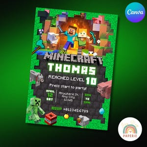Editable Minecraft Birthday Invitation, Minecrafter birthday Invite, Birthday Invitation theme Minecraft, Gamer invitation, video game