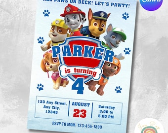Editable Paw-ty Birthday Invitation Template Puppy Patrol Pup Crew invite layout Canva instant Download, Kids Printable Party Invitation