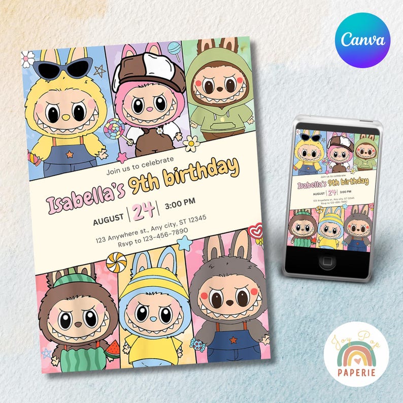 Invitación de cumpleaños editable de Labubu, plantilla de invitación ...