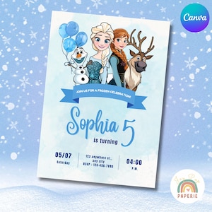 Op de afbeelding: Een lichtblauwe uitnodigingskaart met personages uit de film Frozen, waaronder Elsa, Anna, Olaf en Sven. De kaart luidt "Doe mee voor een Frozen Celebration!" en kondigt "Sophia 5 wordt" aan met evenementdetails.