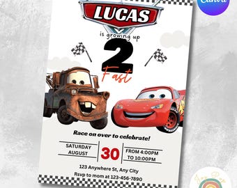 Cars Birthday Invitation two fast editable template second birthday party Invite cars Printable Canva instant download growing up 2 fast