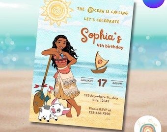 May include: A custom invitation card featuring a cartoon illustration of a character from a popular animated movie. The card includes the text "The Ocean is Calling, Let's Celebrate Sophia's 4th birthday" with date, time, and RSVP information.