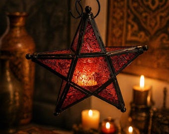 Moroccan Star Candle Holder Red Glass Hanging Lantern Vintage Metal Boho Decor Ambient Lighting