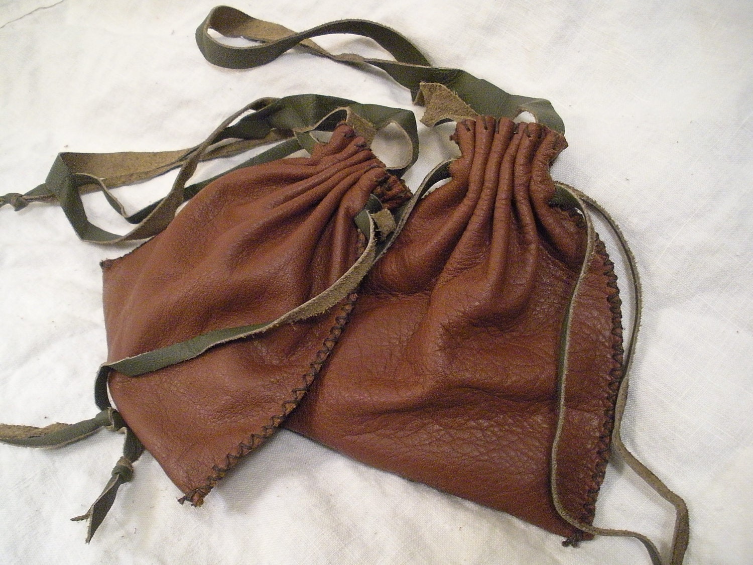 Leather Coin Purse/dice Pouch - Brown & Green - Hand Sewn
