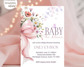 Editable Baby in Bloom Invitation, Girl Baby Shower Invitation, Pink Bow Baby in Bloom Invite, Spring Flowers Baby Shower Invitation Bundle