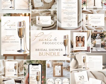 Könnte beinhalten: Eine Sammlung von Papeterie für eine Brautparty mit Champagnermotiv. Enthält Einladungen, Menüs, Tischkarten und Spiele. Das Design zeigt Champagnergläser, Perlen und den Text "Pearls & Prosecco".