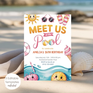Pool Party Invite, Printable 16th Birthday Invite, Girl Pool Birthday Party, Instant Download, Summer Digital Invitation
