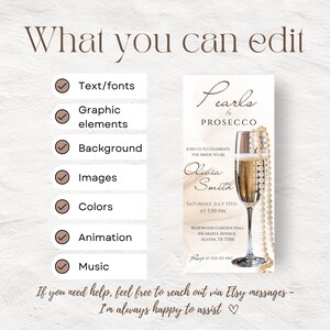 K&ouml;nnte beinhalten: Ein vertikales Einladungsdesign mit dem Text "Pearls & Prosecco" und einem Champagnerglas mit Perlen. Die Einladung enth&auml;lt Details f&uuml;r eine Brautfeier mit editierbaren Textoptionen f&uuml;r Schriftarten, Grafiken und Farben.