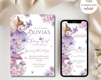 Fairy First Birthday Invitation, My Fairy First Digital Invitation, Purple Fairy Garden Invite, 1st Birthday Party Invite, Enchanted Forest