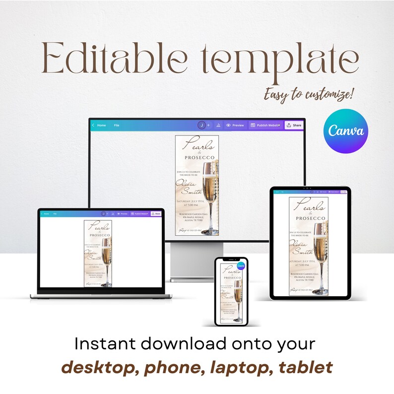 K&ouml;nnte beinhalten: Eine digitale Vorlage, die auf verschiedenen Ger&auml;ten angezeigt wird, darunter ein Laptop, ein Desktop-Monitor, ein Tablet und ein Smartphone. Die Vorlage zeigt ein Champagnerglas-Design mit dem Text "Pearls Prosecco" und Veranstaltungsdetails.