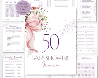 May include: A set of baby shower games with a floral and butterfly design. The central image shows a large pink bow and the number 50 in purple. Includes game signs and tickets.