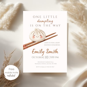 May include: A baby shower invitation with the text "ONE LITTLE dumpling IS ON THE WAY." It features a watercolor illustration of a smiling dumpling with chopsticks. The invitation includes the name "Emily Smith" and event details.