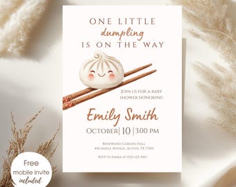 Dumpling Baby Shower Invitation, Editable Beige Minimalistic Food Theme Asian Baby Shower Invite