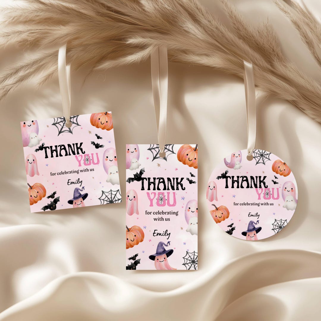 Spooky Birthday Thank You Tag, Editable Pink Halloween Ghost Girl ...