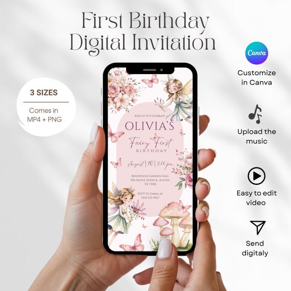 Animated Fairy First Birthday Invitation, Enchanted Garden Girl 1st Birthday Video Invite Editable Template