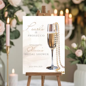Perlen und Prosecco Brautdusche bearbeitbares Willkommensschild, Bride-to-be-Entry Board, druckbares Poster Brautparty benutzerdefinierte Canva-Vorlage