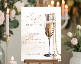 Pearls And Prosecco Bridal Shower Editable Welcome Sign, Bride-to-be Entrance Board, Printable Poster Bridal Party Custom Canva Template