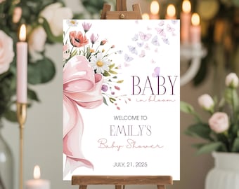 Editable Baby in Bloom Welcome Sign, Girl Baby Shower Poster, Floral Canva Template, Printable Welcome Board, Instant Download