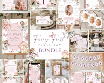 Fairy First Birthday Bundle, Girl 1st Birthday Party Decorations Set, Boho Arch Fairy Garden Package, Enchanted Forest Girl Bundle, KB1