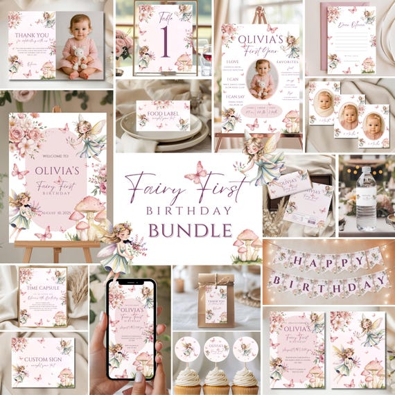 Fairy First Birthday Bundle, Girl 1st Birthday Party Decorations Set, Boho Arch Fairy Garden Package, Enchanted Forest Girl Bundle, KB1