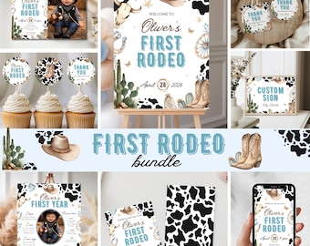 Modello modificabile per il mio primo compleanno da rodeo, pacchetto di decorazioni per feste western per il primo compleanno da cowboy, set di decorazioni per il compleanno nel selvaggio West, BP3