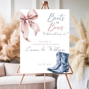 Western Boots or Bows Gender Reveal Welcome Sign, Blue or Pink Poster, Editable Digital Welcome Board, Boots or Bows, Cowboy Gender Reveal