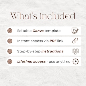 May include: A beige graphic with the text "What's included" at the top. Below are four bullet points: Editable Canva template, Instant access via PDF link, Step-by-step instructions, and Lifetime access - use anytime.
