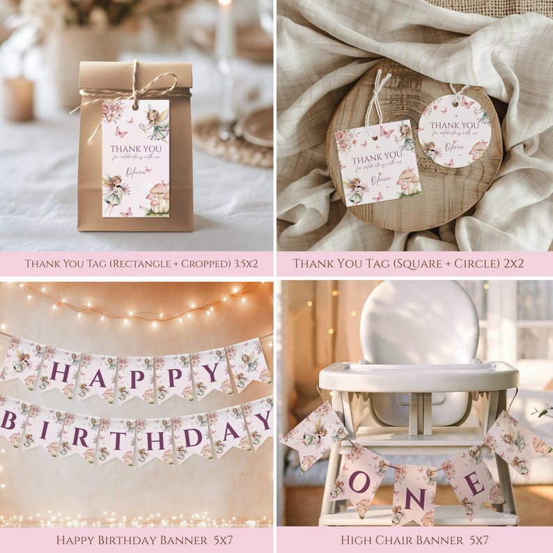 May include: A collection of party decorations featuring a fairy theme. Includes a gift tag, round and square thank you tags, a Happy Birthday banner, and a high chair banner. The designs feature fairies, mushrooms, and butterflies in soft pastel colors.
