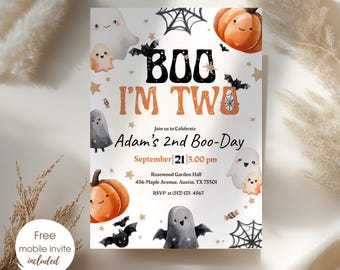 Boo I'm Two Birthday Spooky Invite, Halloween 2nd Birthday Invitation, Cute Ghost Birthday Party Evite, Two Spooky Birthday