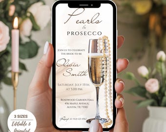 Animowane cyfrowe zaproszenie na wieczór panieński z perłami i prosecco, edytowalny naszyjnik z perłami i prosecco, zaproszenie na brunch na wieczór panieński