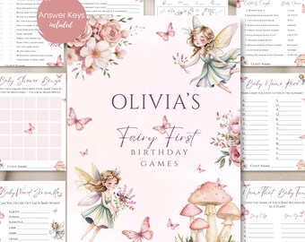 May include: A set of baby shower games with a fairy theme. Games include "Mummy or Daddy?", "Who Knows Mummy Best?", and "I Spy Baby Things!" with pink and floral designs. The text "Olivia's Fairy First Birthday Games" is featured.