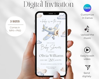 Puede incluir: Una invitación digital para baby shower que se muestra en un teléfono inteligente. La invitación presenta una ilustración de acuarela de un avión azul y amarillo, nubes y el texto "Baby Shower". El texto adicional incluye detalles del evento e información de RSVP.