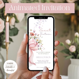 Animated Sweet 16th Birthday Invitation Editable Floral Pink Coquette Bow Sweet Sixteen Girl Party Video Invite 16th Birthday Brunch