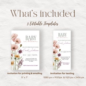 May include: A baby shower invitation set with a floral design. The set includes two invitation templates: one for printing and emailing, measuring 5" x 7", and another for texting. The invitations feature the text "Baby in Bloom" and event details.