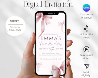 Faire-part premier anniversaire animé avec noeud rose, modèle modifiable d'invitation vidéo 1er anniversaire de fille coquette élégante