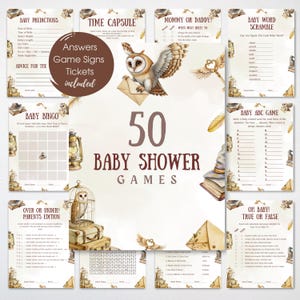 May include: A collection of 50 baby shower games with a vintage owl theme. The games include Baby Predictions, Time Capsule, Baby Bingo, and Baby ABC Game. The design features illustrations of owls, books, and antique keys. Answers, game signs, and tickets are included.