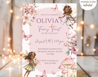 Dark Skin Fairy First Birthday Invitation, Enchanted Forest Girl Digital Invitation, Fairy Garden Invite, 1st Birthday Party Invite, KB5