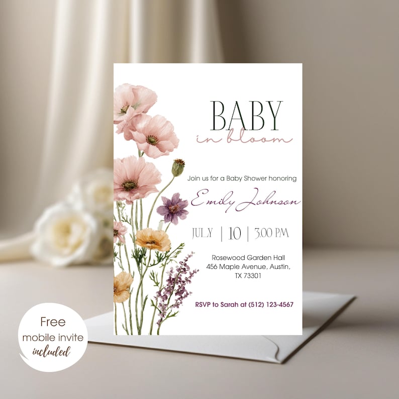 May include: A baby shower invitation with floral watercolor illustrations. The invitation features the text "BABY in bloom" and event details, including the name "Emily Johnson", date, time, and location. A free mobile invite is included.