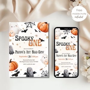 May include: A Halloween party invitation with the text "Spooky One" and "Adam's 1st Boo-Day." The design features ghosts, bats, pumpkins, and spiderwebs. A mobile invite is included. The party is on September 21st. The invitation is for a party.