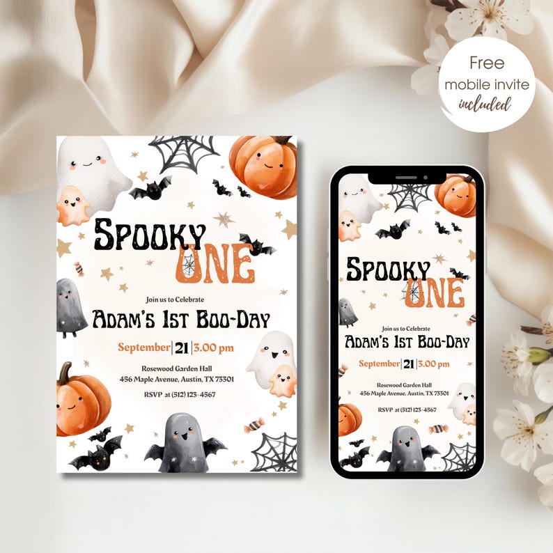 May include: A Halloween party invitation with the text "Spooky One" and "Adam's 1st Boo-Day." The design features ghosts, bats, pumpkins, and spiderwebs. A mobile invite is included. The party is on September 21st. The invitation is for a party.