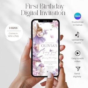Könnte beinhalten: Eine digitale Einladung zum ersten Geburtstag, die auf einem Smartphone angezeigt wird. Das Design zeigt eine Feenillustration in Lilatönen mit dem Text "Olivias Fairy First Birthday". Zusätzlicher Text enthält Veranstaltungsdetails und "Anpassen in Canva".