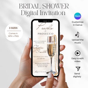 K&ouml;nnte beinhalten: Digitale Einladung zur Brautparty auf einem Smartphone. Das Design zeigt "Pearls & Prosecco" mit einem Sektglas und Perlen. Die Einladung enth&auml;lt den Namen der Braut, Datum, Uhrzeit und Ort. Erh&auml;ltlich in drei Gr&ouml;&szlig;en, im MP4- und PNG-Format. Einfache Videobearbeitung.