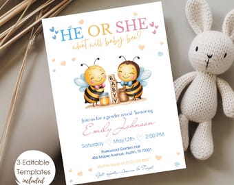 What Will Baby Bee Invite Gender Neutral Shower Invitation, Editable Honey Bee Gender Reveal Invitation, Bumblebee Modern Printable Template